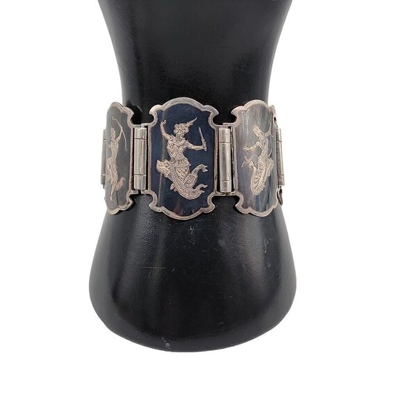 Siam Sterling Silver Bracelet 925 Niello Hindu Goddess Enamel Hinged Panel SZ 7 - Picture 2 of 16
